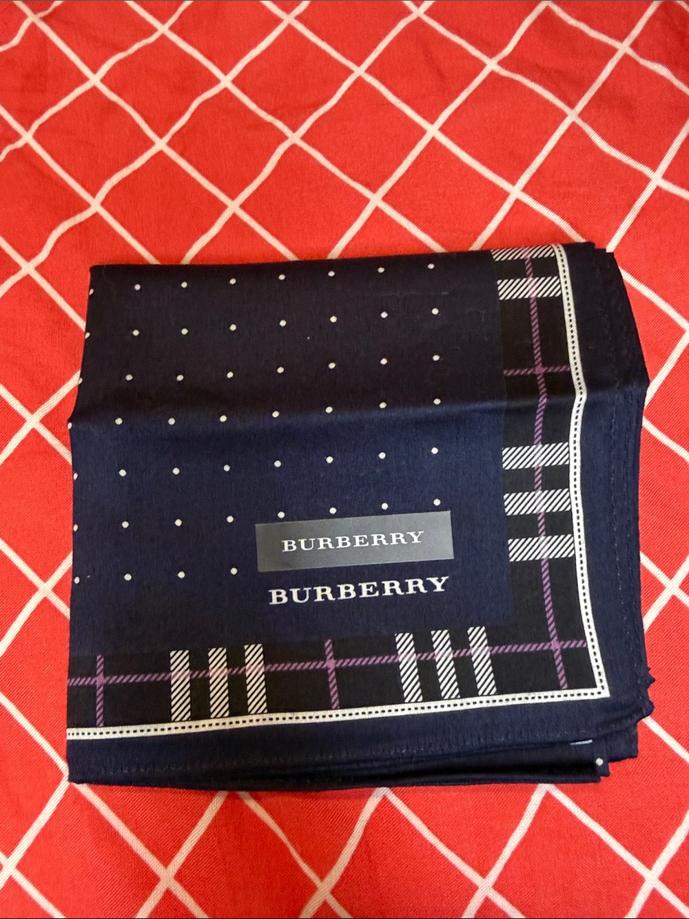 Burberry Navy Polka Dot & Plaid Accent handkerchief/ neck scarf cotton